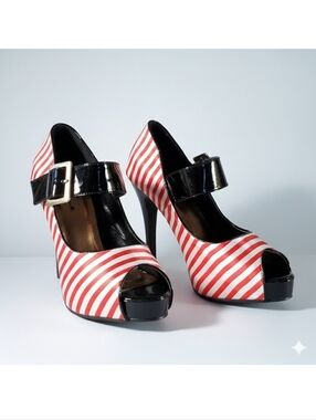 Ellie Size 6 Pumps Peep Toe High Stiletto Red Satin Stripe Black Patent Leather